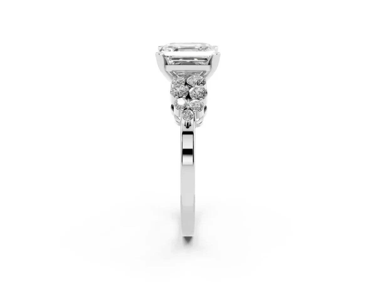 Asscher Cut Cluster Diamond Engagement Ring with Pavé Band and Four-Prong Setting Silver