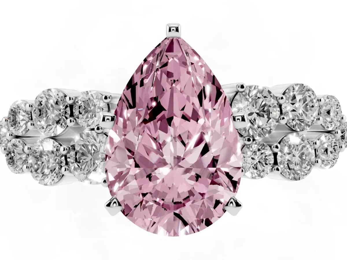 Fancy Pink Pear Cut Cluster Diamond Engagement Ring with Pavé Band and Four-Prong Setting Silver