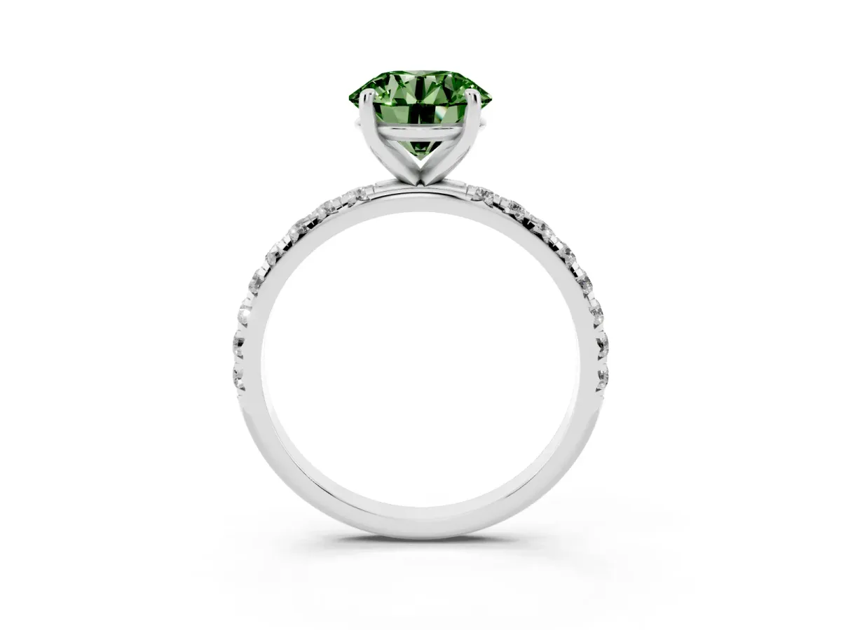 Fancy Green Round Cut Cut Diamond Solitaire Ring with Micro Pave Band and Four Prong Setting Silver