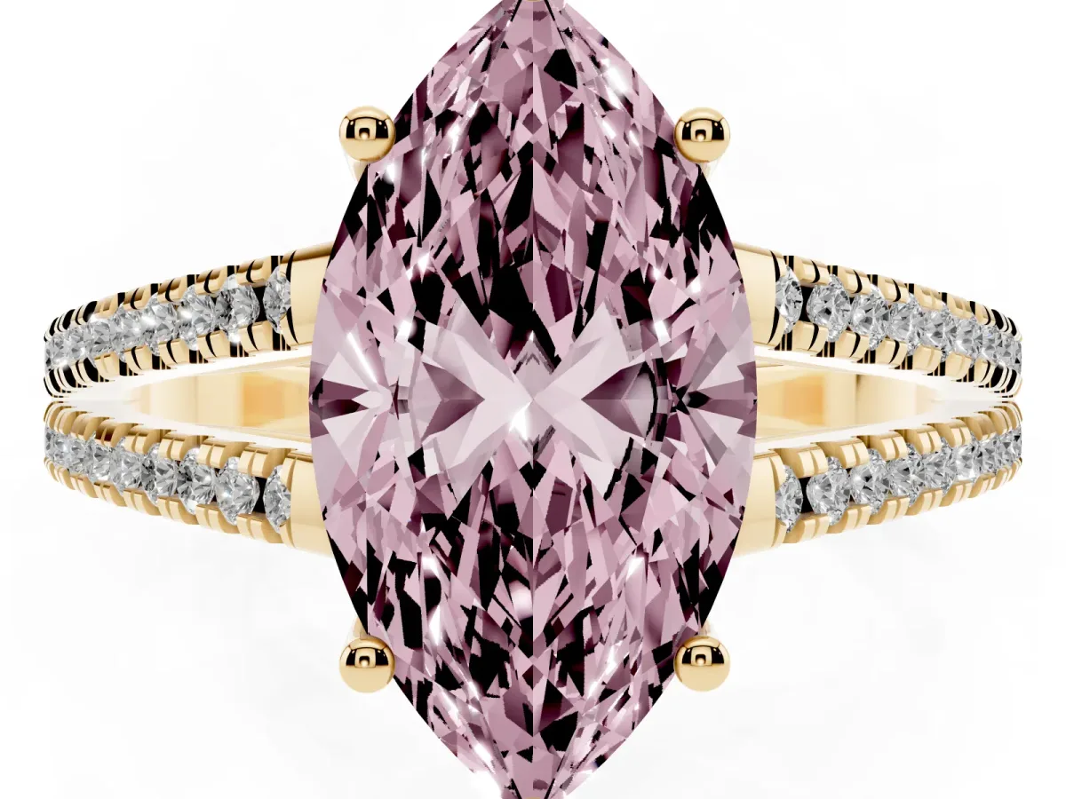 Fancy Pink Marquise Cut Diamond Solitaire Engagement Ring with Split Shank Pavé Band Yellow gold