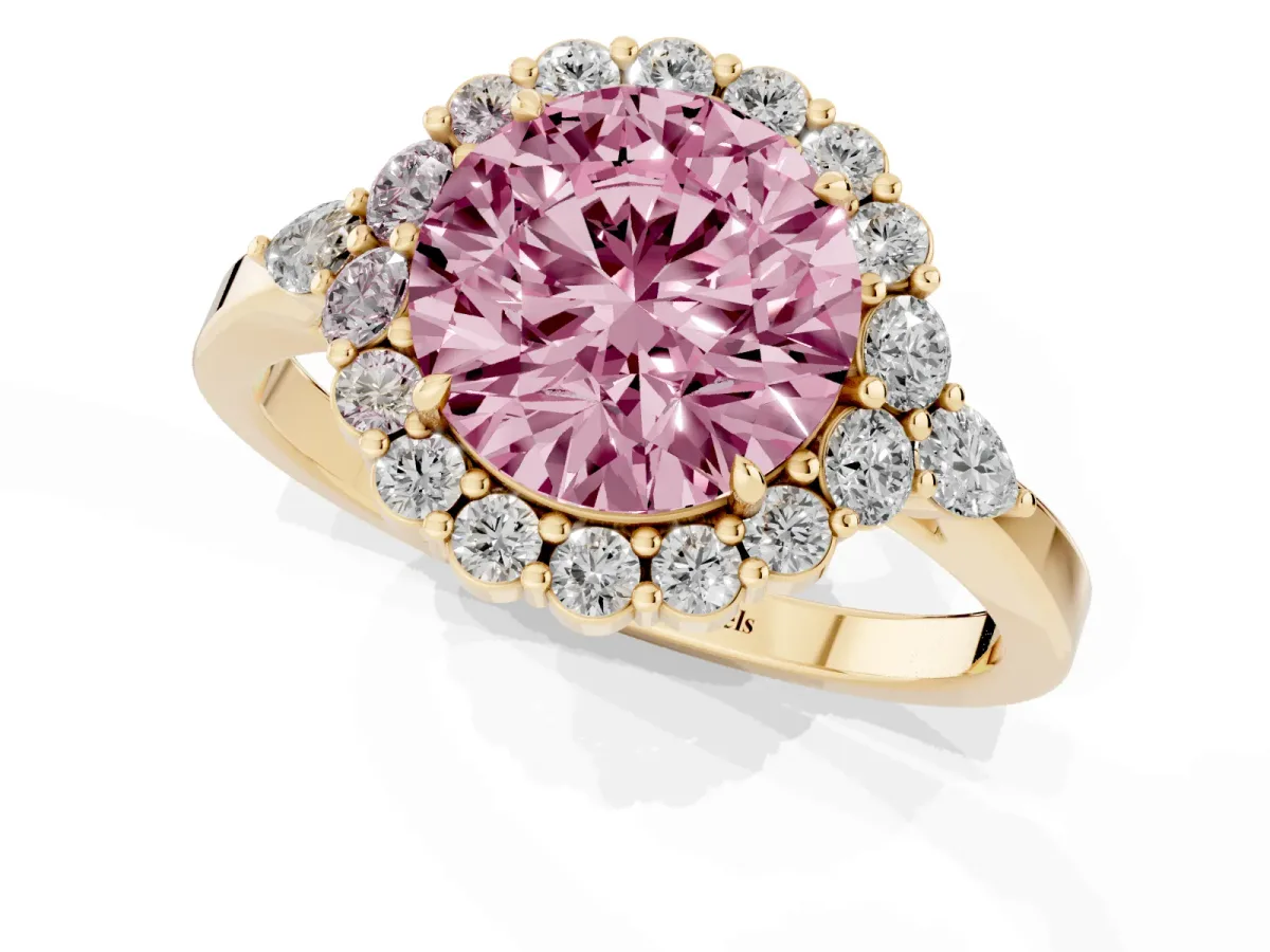 Fancy Pink Round Cut Diamond Halo Ring with Pear Side Stones and Prong Setting Yellow gold