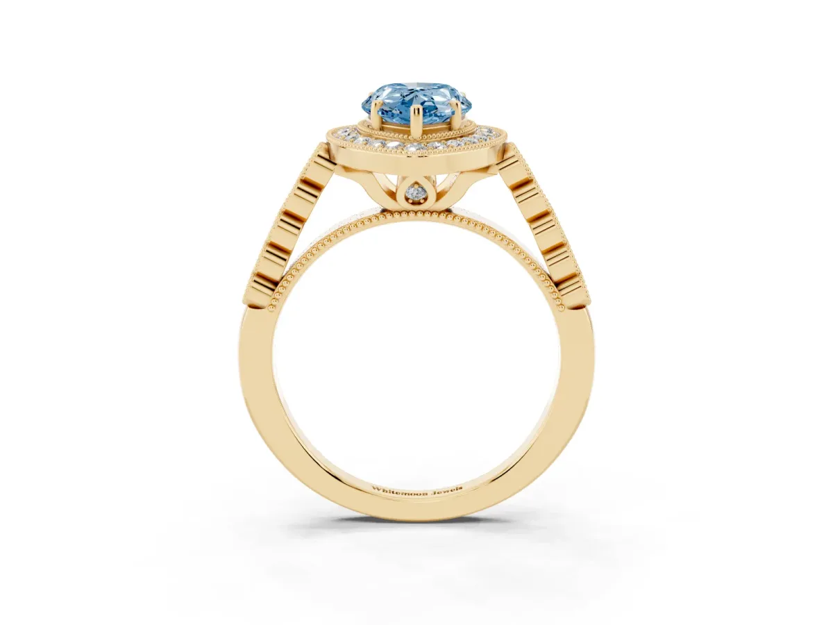 Fancy Blue Pear Cut Halo Twist Band Solitaire Ring with Six-Prong Setting Yellow gold