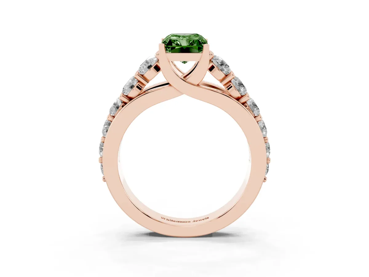 Fancy Green Radiant Cut Diamond Engagement Ring with Pavé Band and Four-Prong Setting Rose gold