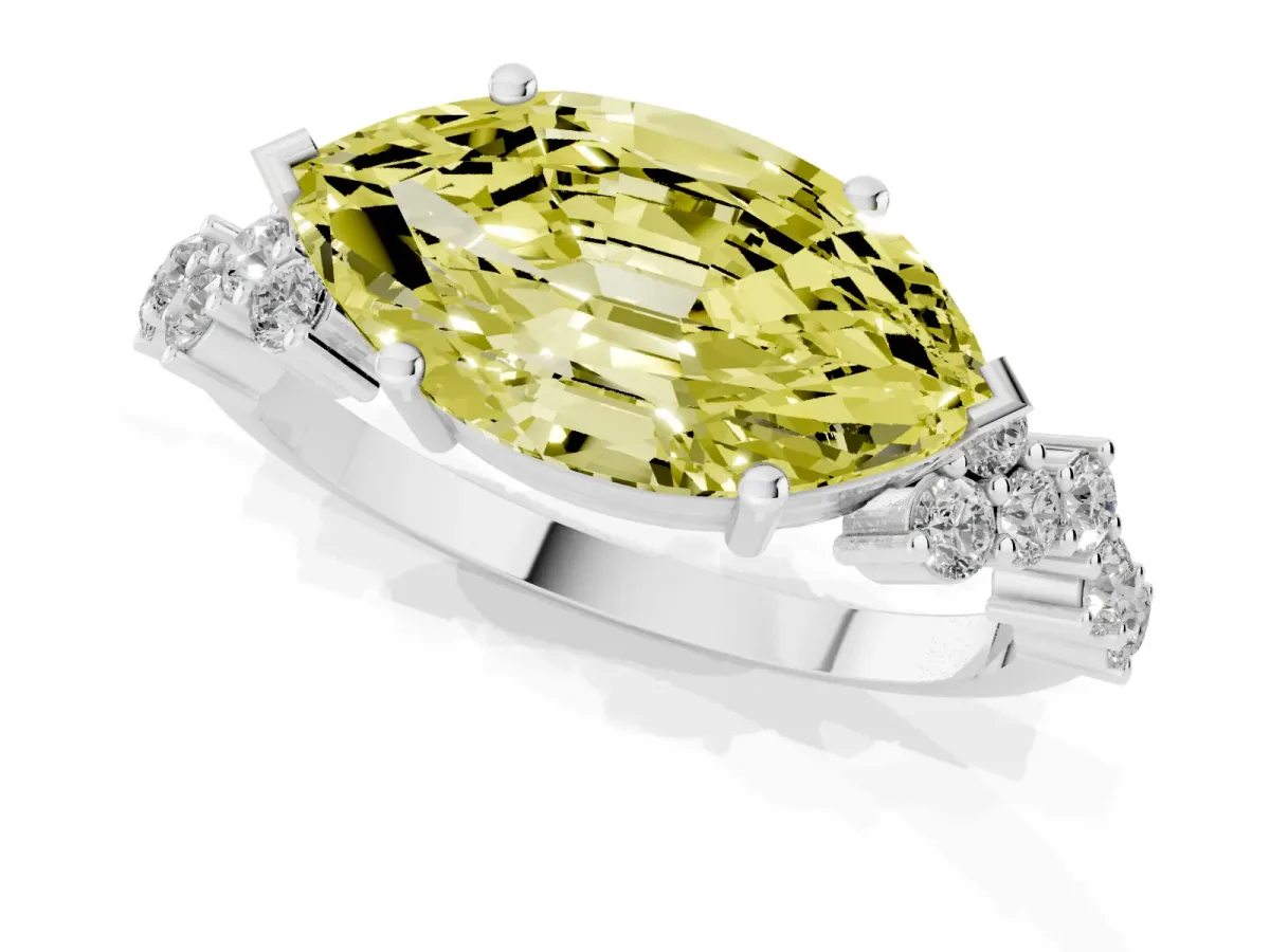 Fancy Yellow Marquise Cut Diamond Scattered Round Accent Ring with Prong Setting Silver