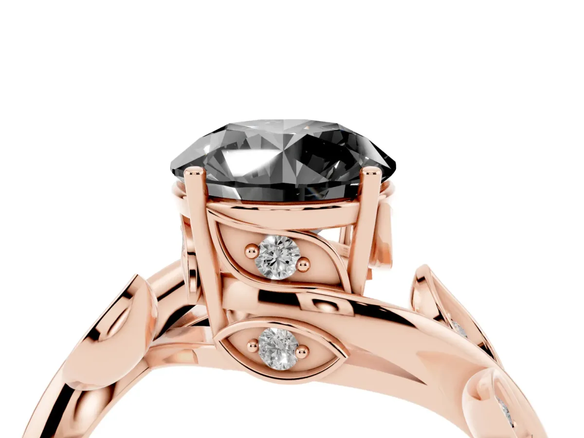 Fancy Black Round Cut Solitaire Twist Engagement Ring with Leaf Accents and Prong Setting Rose gold