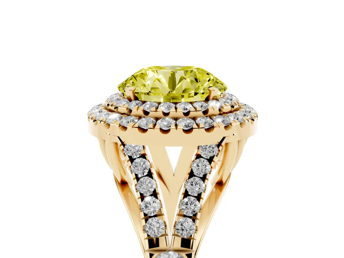 Fancy Yellow Round Cut Diamond Pavé Split Shank Double Halo Engagement Ring Yellow gold