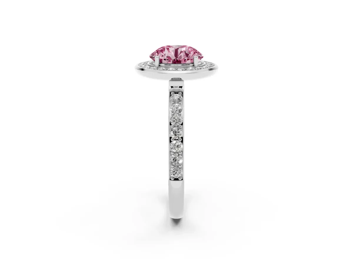 Fancy Pink Round Cut Diamond Halo Ring with Bezel Frame and Pavé Band Silver