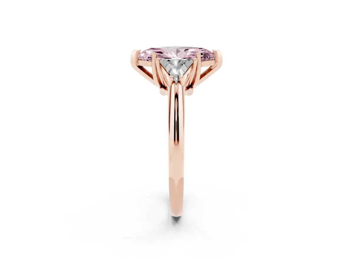 Fancy Pink Three-Stone Marquise Cut Diamond Engagement Ring with Trillion Side Stones and Prong Setting Rose gold