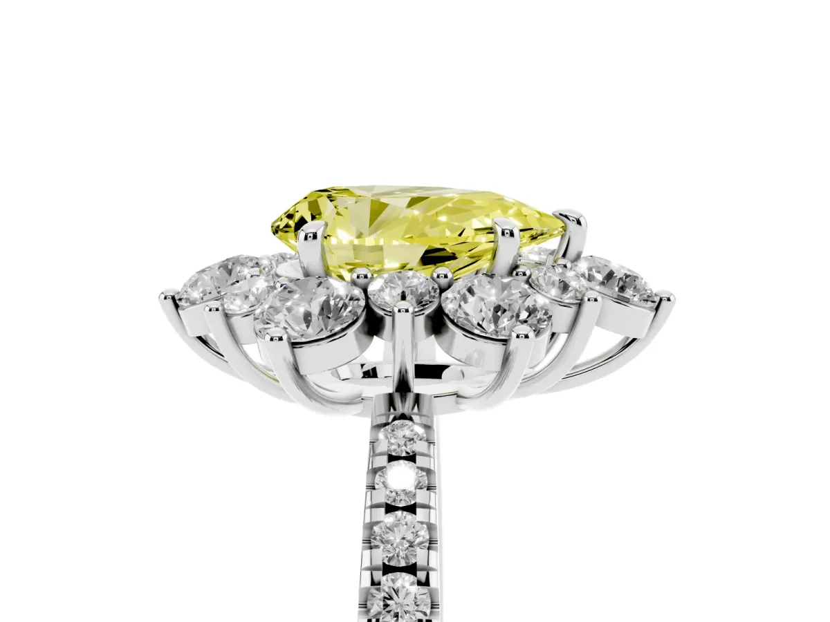 Fancy Yellow Pear Cut Diamond Floral Halo Ring with Round Pavé Band and Prong Setting Silver