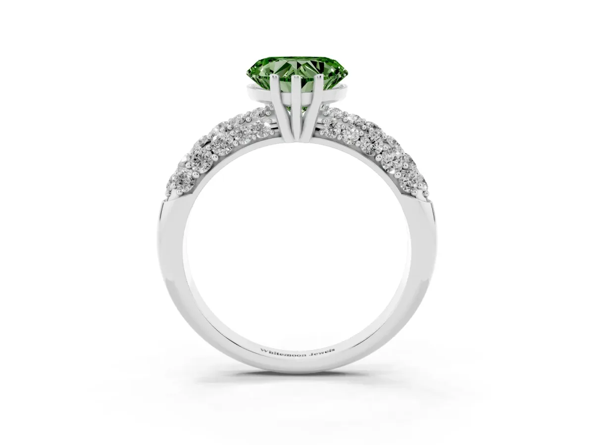 Fancy Green Heart Cut Diamond Pavé Band Solitaire Ring with Four-Prong Setting Silver