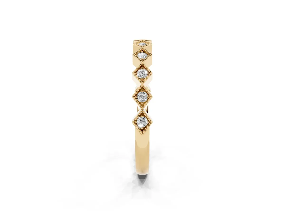 Milgrain Diamond Geometric Stackable Band with Round Cut Stones and Bezel Setting Yellow gold