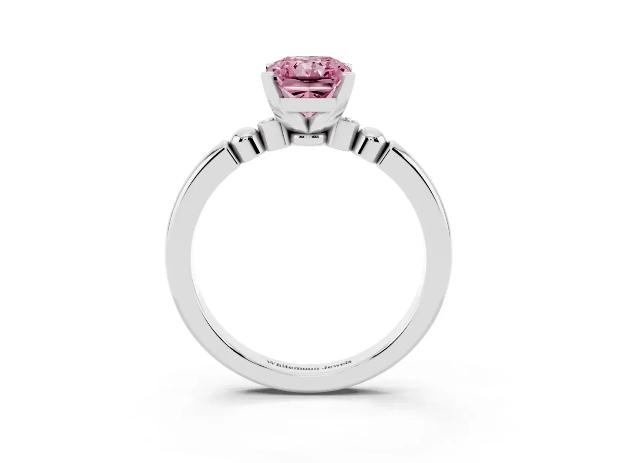Fancy Pink Radiant Cut Solitaire Beaded Band with Four-Prong Setting Silver