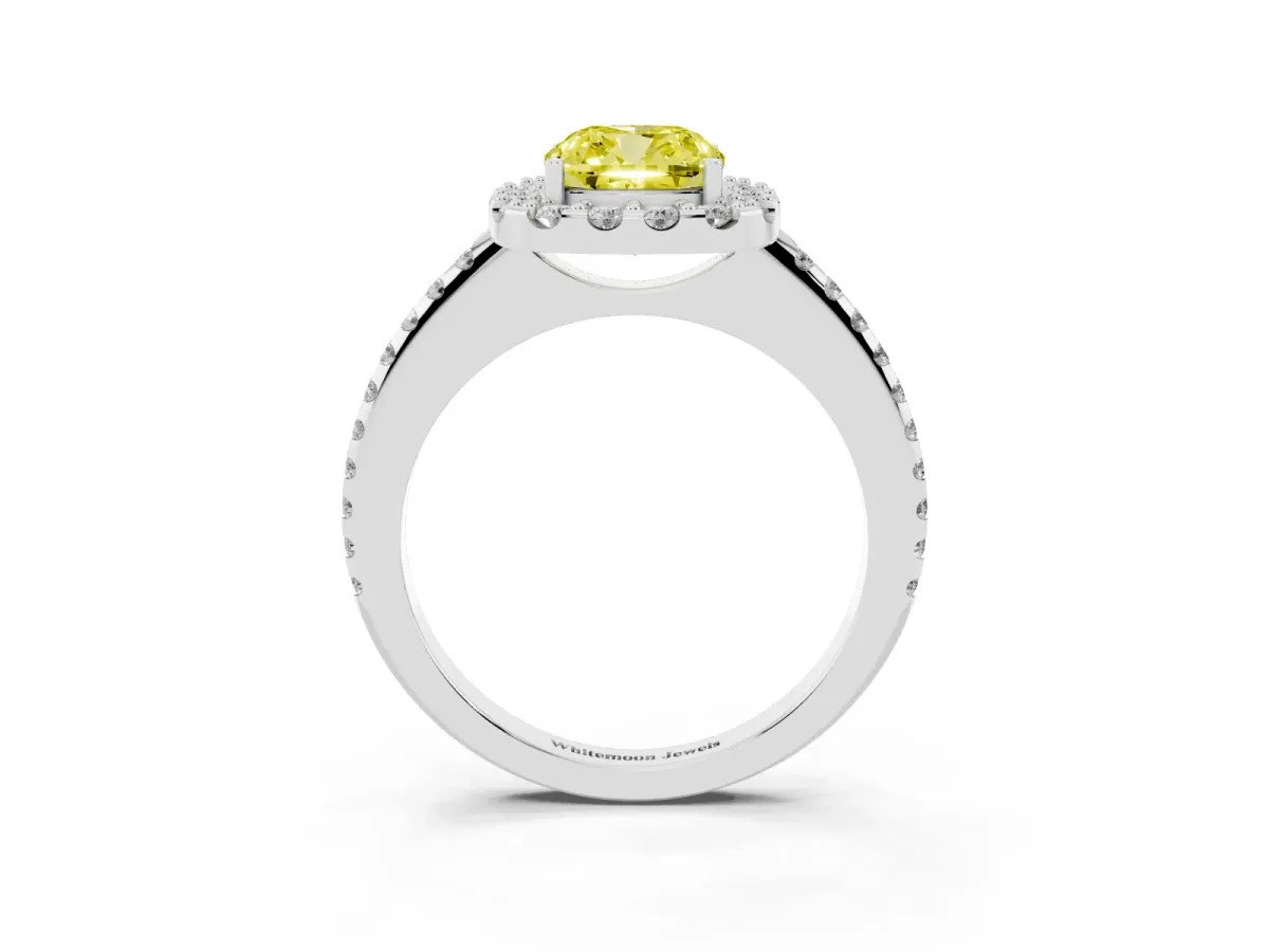 Fancy Yellow Cushion Cut Diamond Pavé Halo Ring with Four-Prong Setting Silver