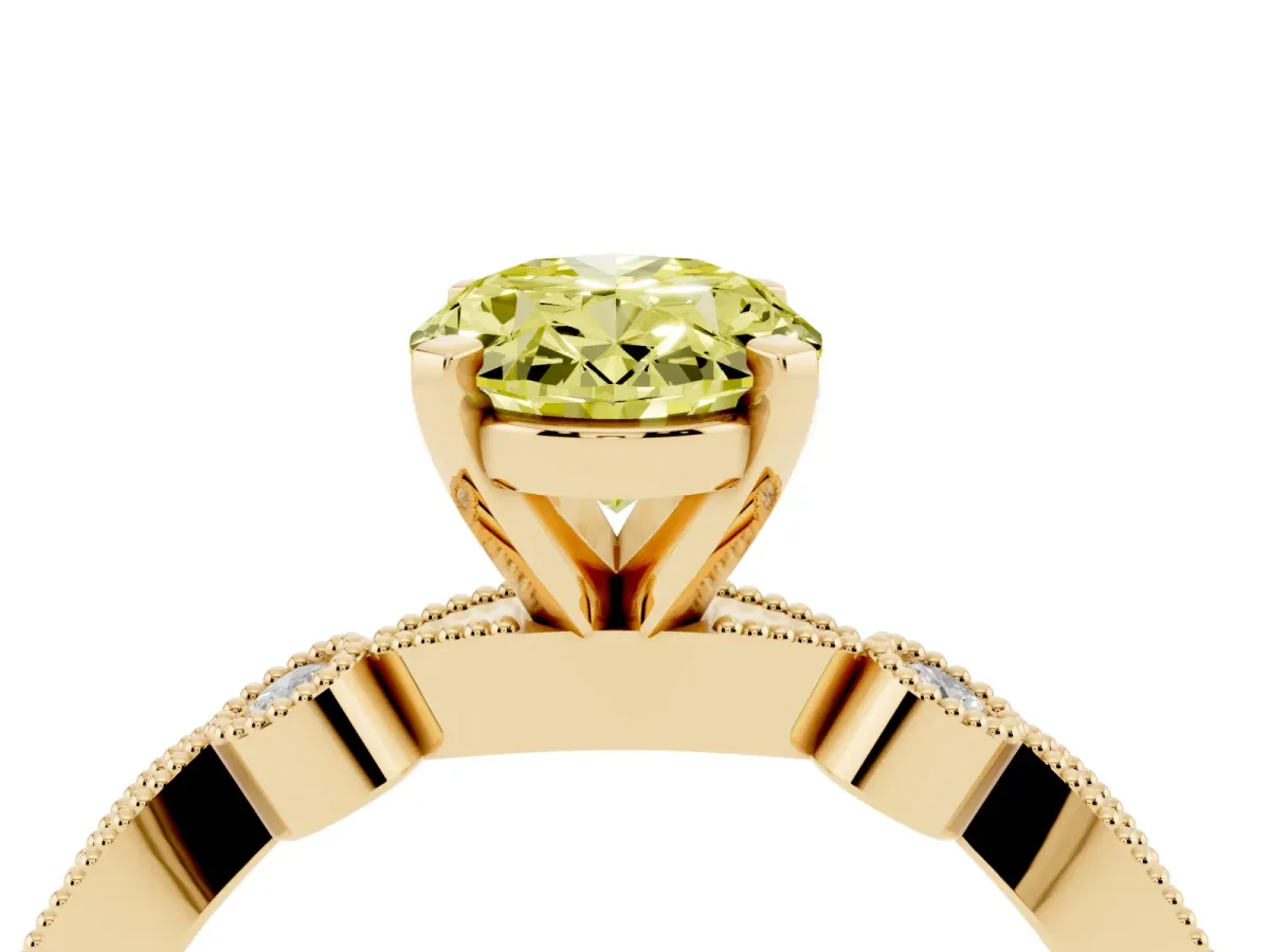 Fancy Yellow Oval Cut Milgrain Bezel Diamond Engagement Ring with Solitaire Prong Setting Yellow gold