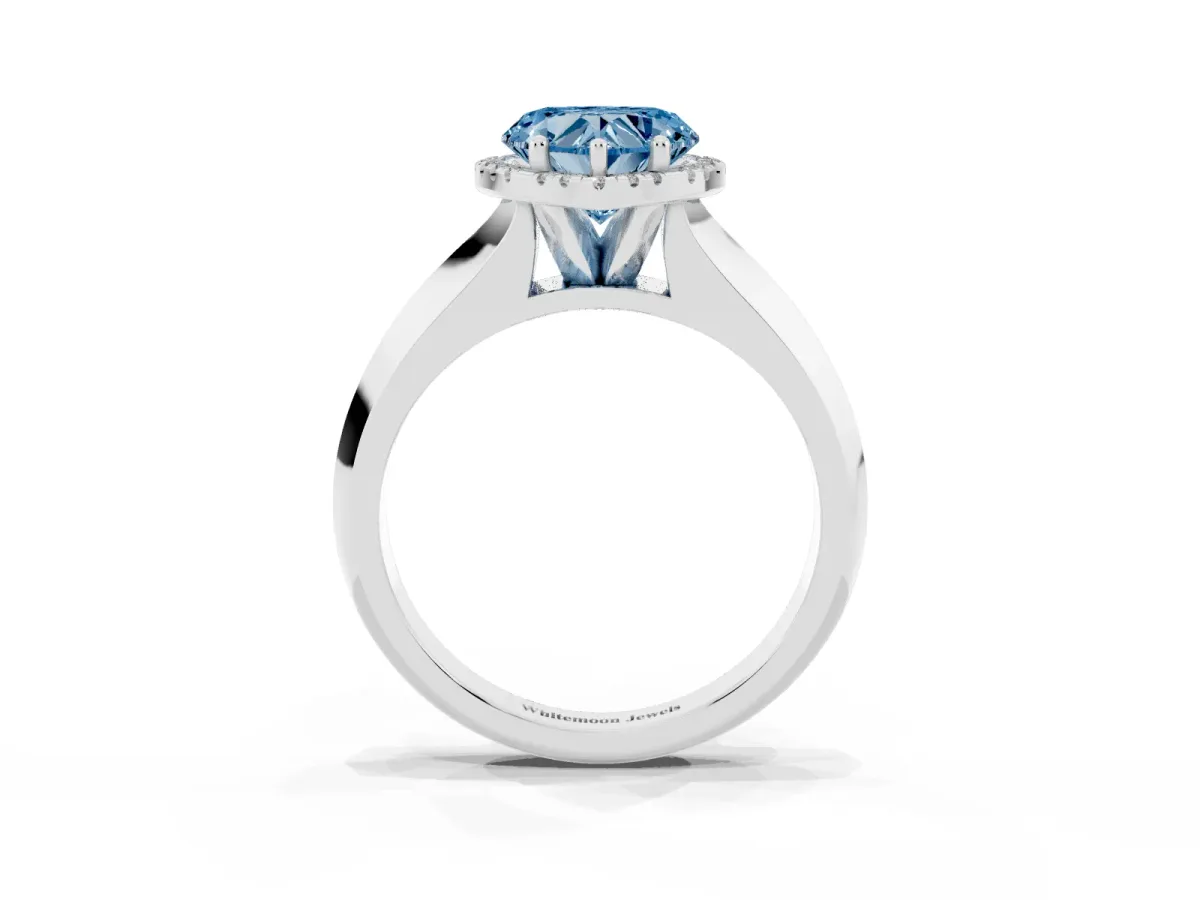 Fancy Blue Heart Cut Halo Diamond Ring with Cathedral Band and Four-Prong Setting Silver