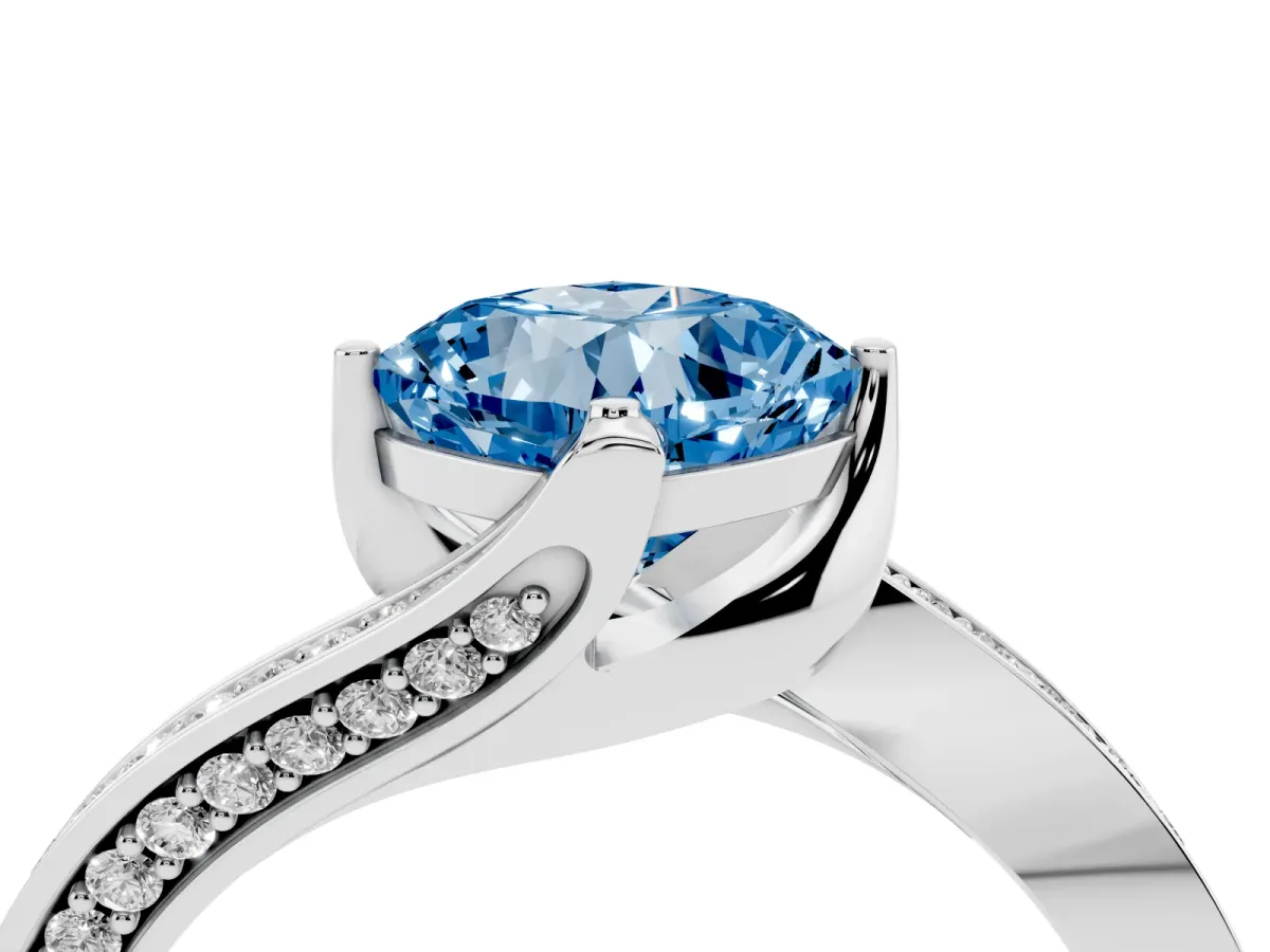 Fancy Blue Cushion Cut Solitaire Diamond Twist Band with Pavé Setting and Four-Prong Setting White gold
