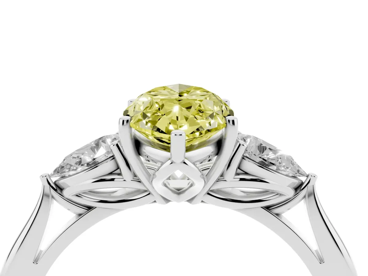 Fancy Yellow Three-Stone Marquise Cut Diamond Ring with Pear Side Stones in Four-Prong Setting Silver