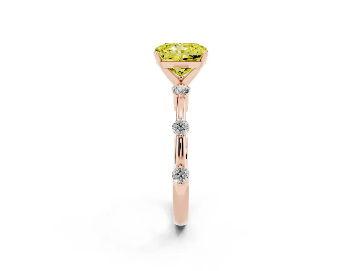 Fancy Yellow Radiant Cut Solitaire Diamond Ring with Bezel Set Side Stones and Prong Setting Rose gold