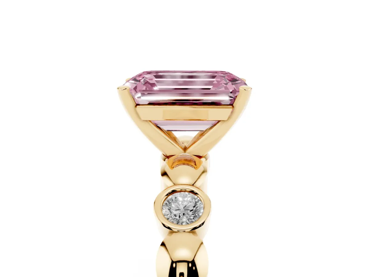 Fancy Pink Emerald Cut Solitaire Bezel-Set Diamond Ring with Beaded Band and Four-Prong Setting Yellow gold