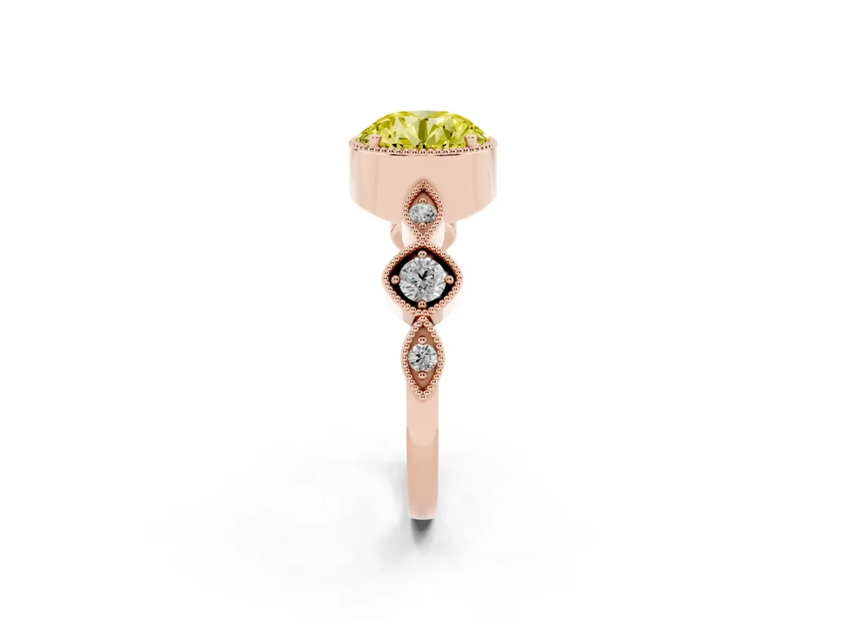Fancy Yellow Round Cut Diamond Vintage Milgrain Ring with Round Stations Rose gold