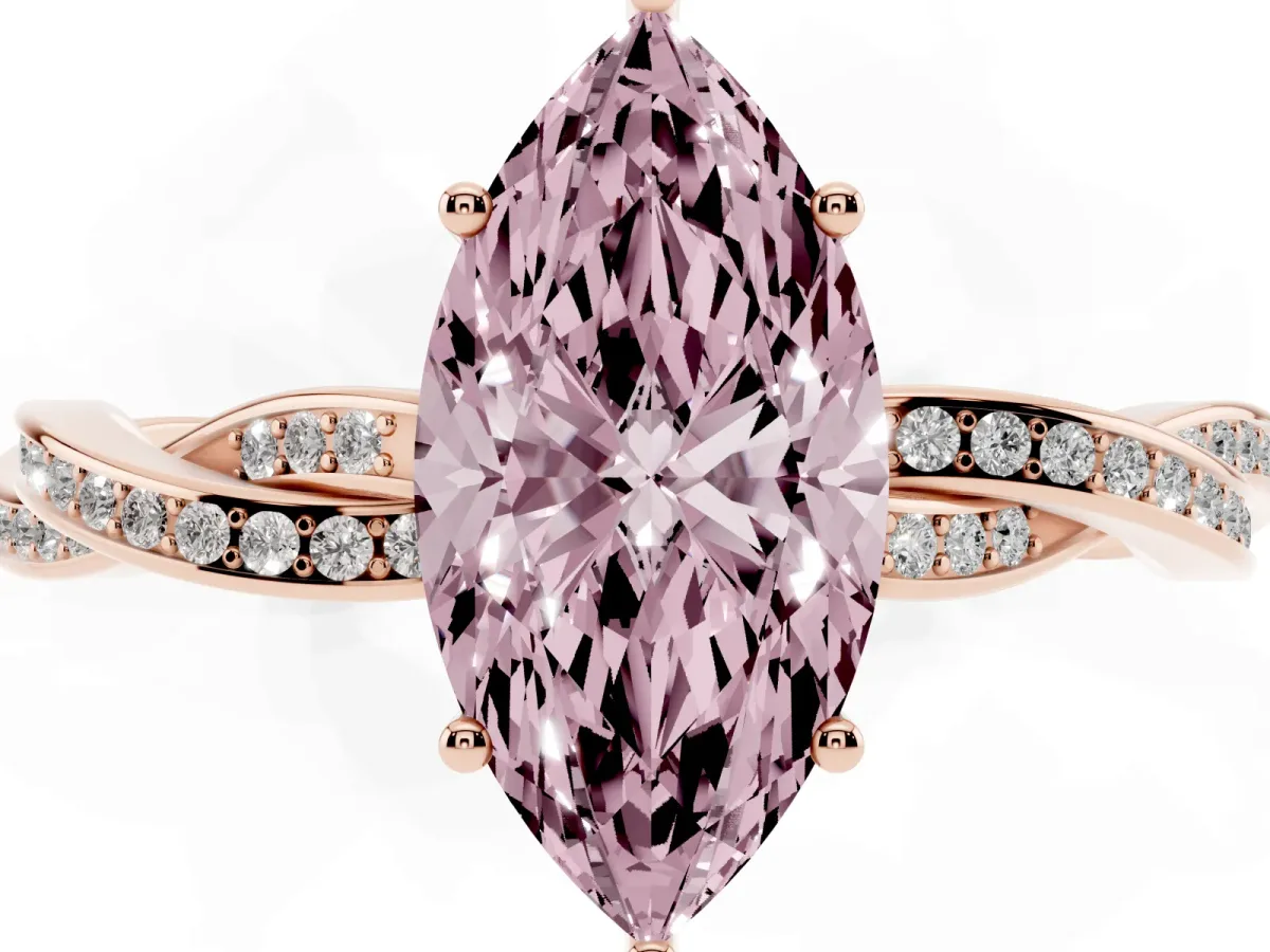 Fancy Pink Marquise Cut Solitaire Twisted Pave Diamond Ring with Four-Prong Setting Rose gold