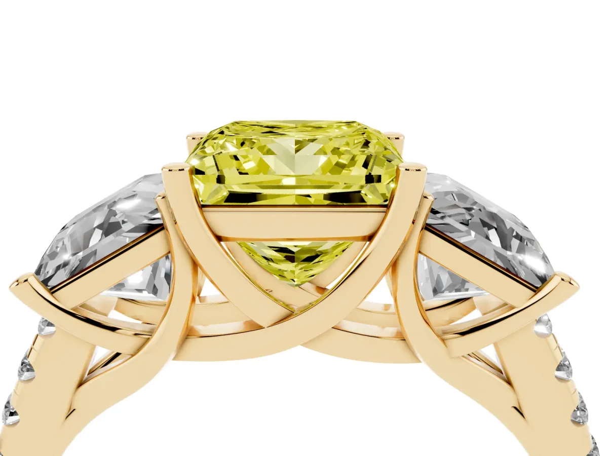 Fancy Yellow Three-Stone Princess Cut Diamond Ring with Round Pavé Band and Prong Setting Yellow gold