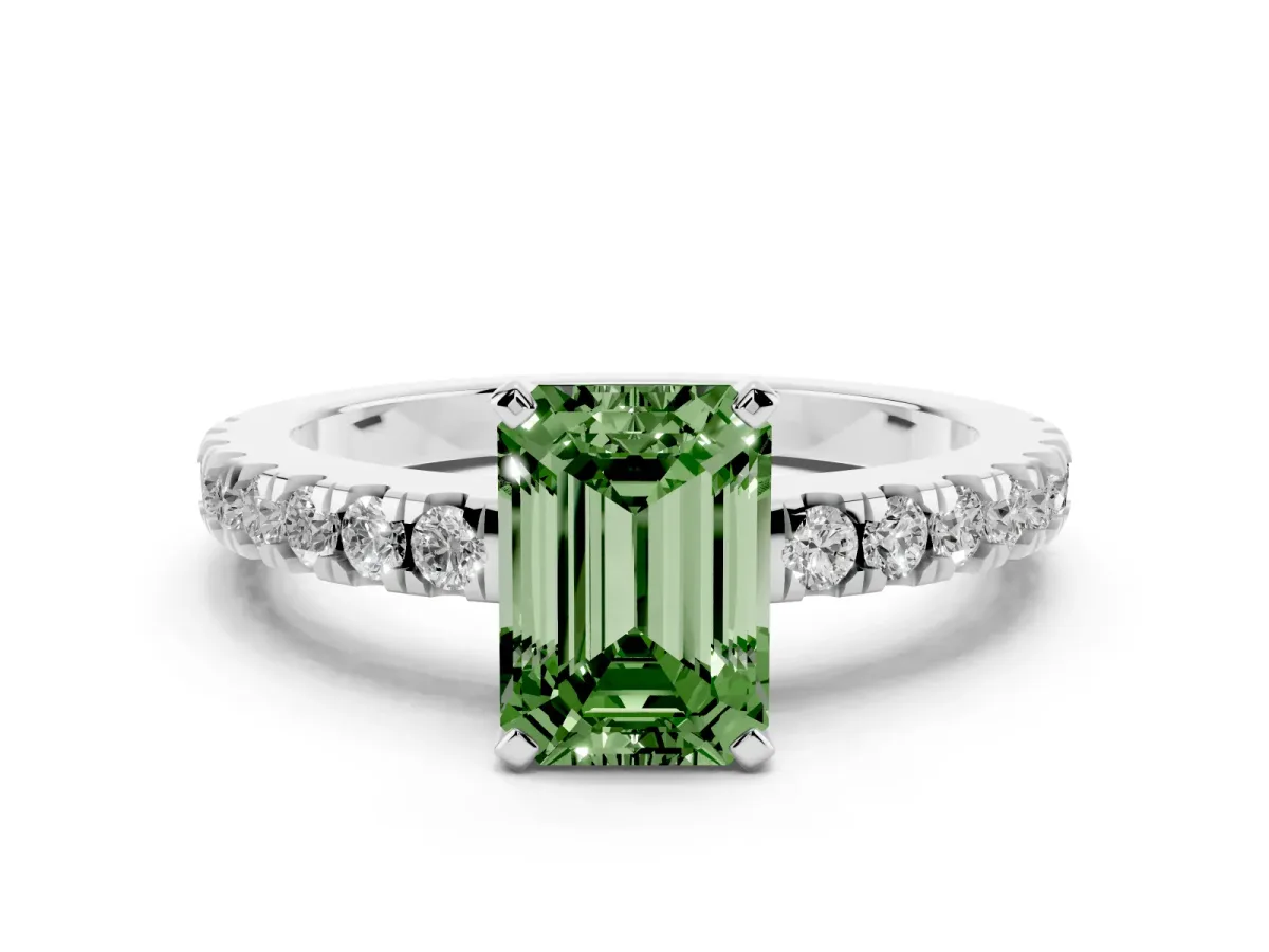 Fancy Green Emerald Cut Solitaire Diamond with Pavé Band and Four-Prong Setting Silver