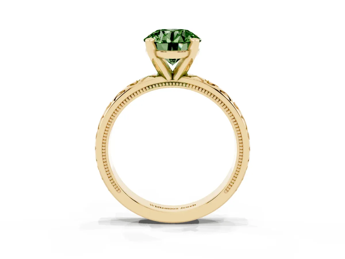 Fancy Green Round Cut Solitaire Diamond Engagement Ring with XO Engraved Band and Four-Prong Setting Yellow gold