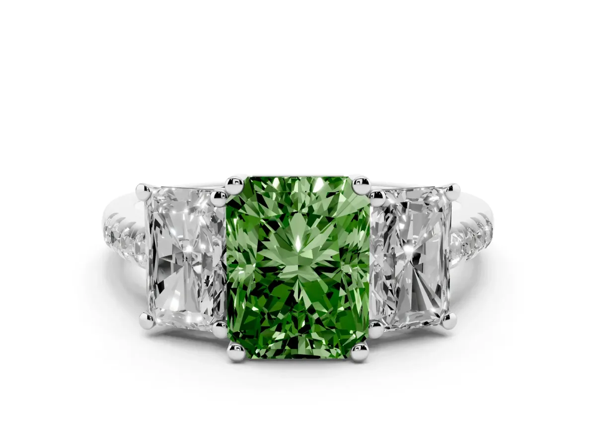 Fancy Green Three-Stone Radiant Cut Diamond Ring with Round Pavé Band and Prong Setting Platinum