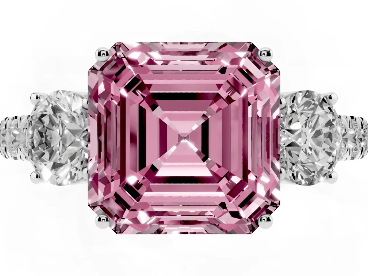 Fancy Pink Asscher Cut Cut Diamond Three-Stone Ring with Round Side Stones and Pavé Band Silver