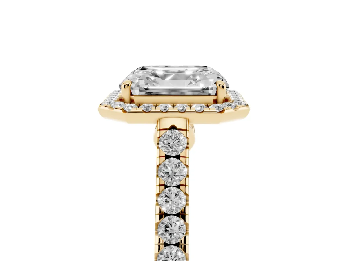 Asscher Cut Halo Pave Diamond Engagement Ring with Four-Prong Setting Yellow gold