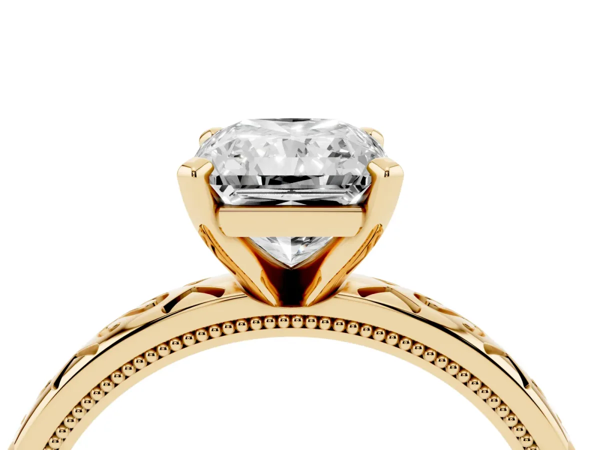 Radiant Cut Solitaire Engagement Ring with Scrollwork Band and Four-Prong Setting Yellow gold