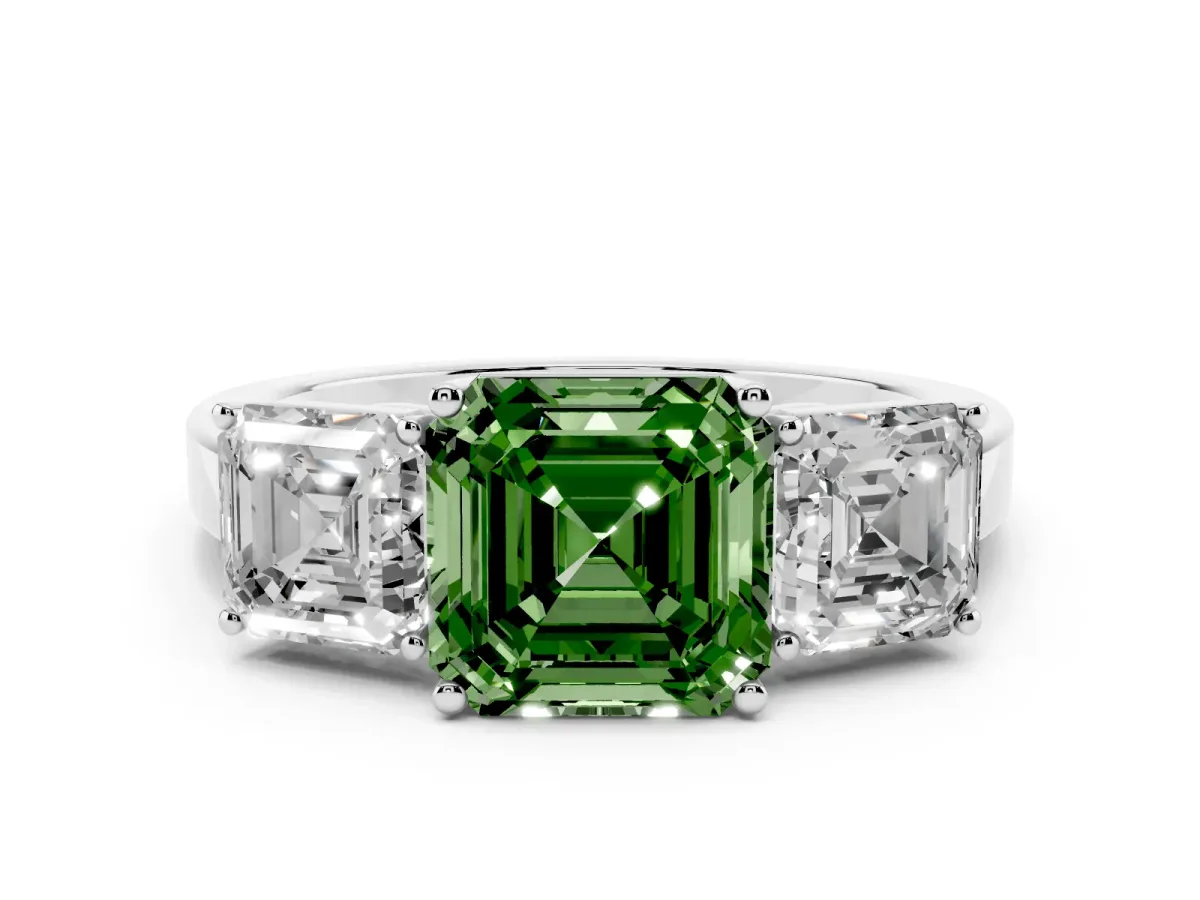 Fancy Green Three-Stone Asscher Cut Cut Diamond Engagement Ring with Flat Band and Four-Prong Setting Silver