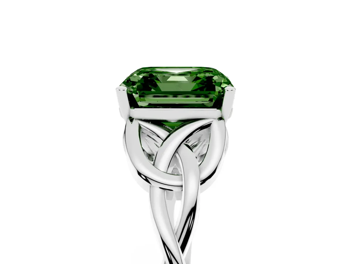 Fancy Green Asscher Cut Diamond Solitaire Engagement Ring with Celtic Knot Band and Four-Prong Setting Platinum