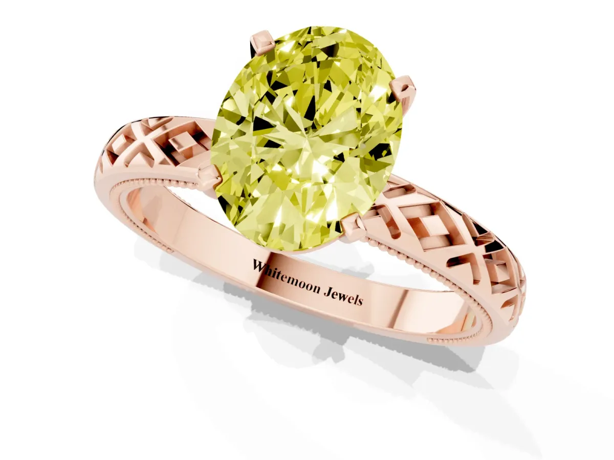 Fancy Yellow Oval Cut Solitaire Diamond Ring with Milgrain and Black Enamel X Pattern Band Rose gold