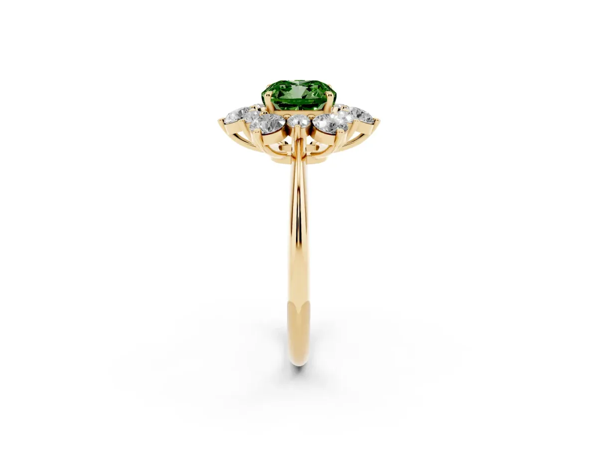 Fancy Green Cushion Cut Diamond Cluster Halo Ring with Solitaire Band and Four-Prong Setting Yellow gold