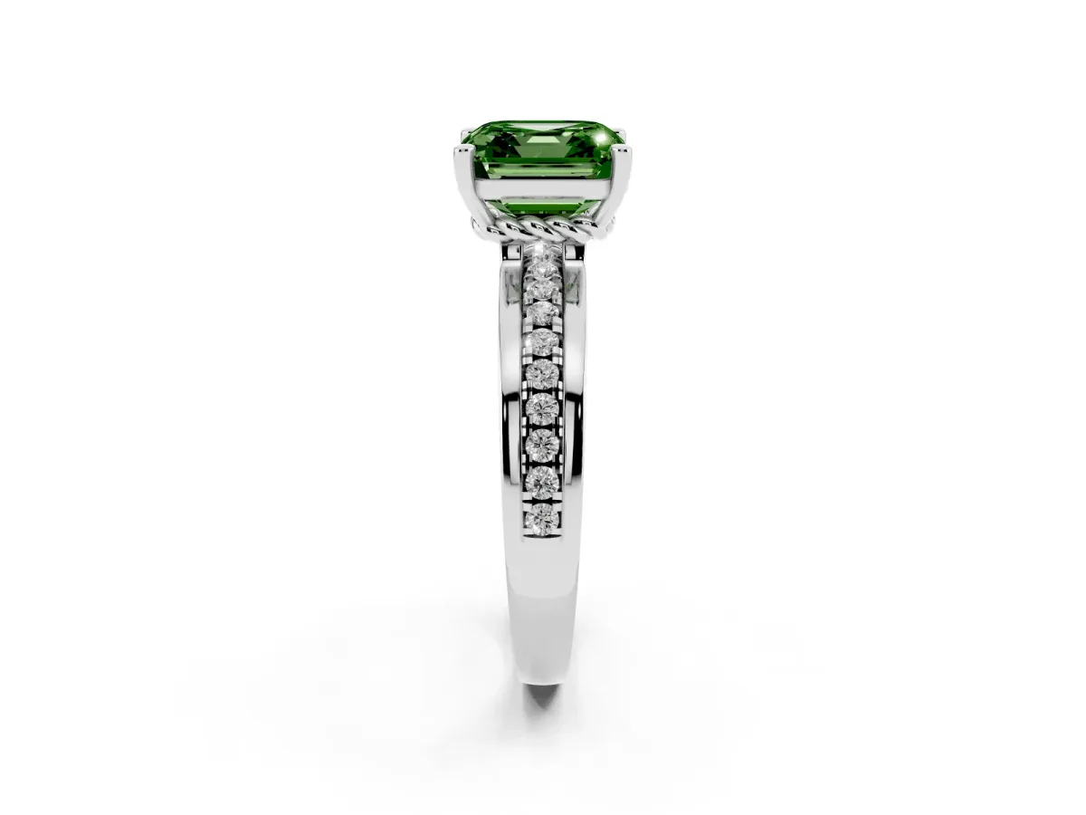 Fancy Green Asscher Cut Solitaire Diamond Ring with Channel Set Band and Six-Prong Setting Platinum