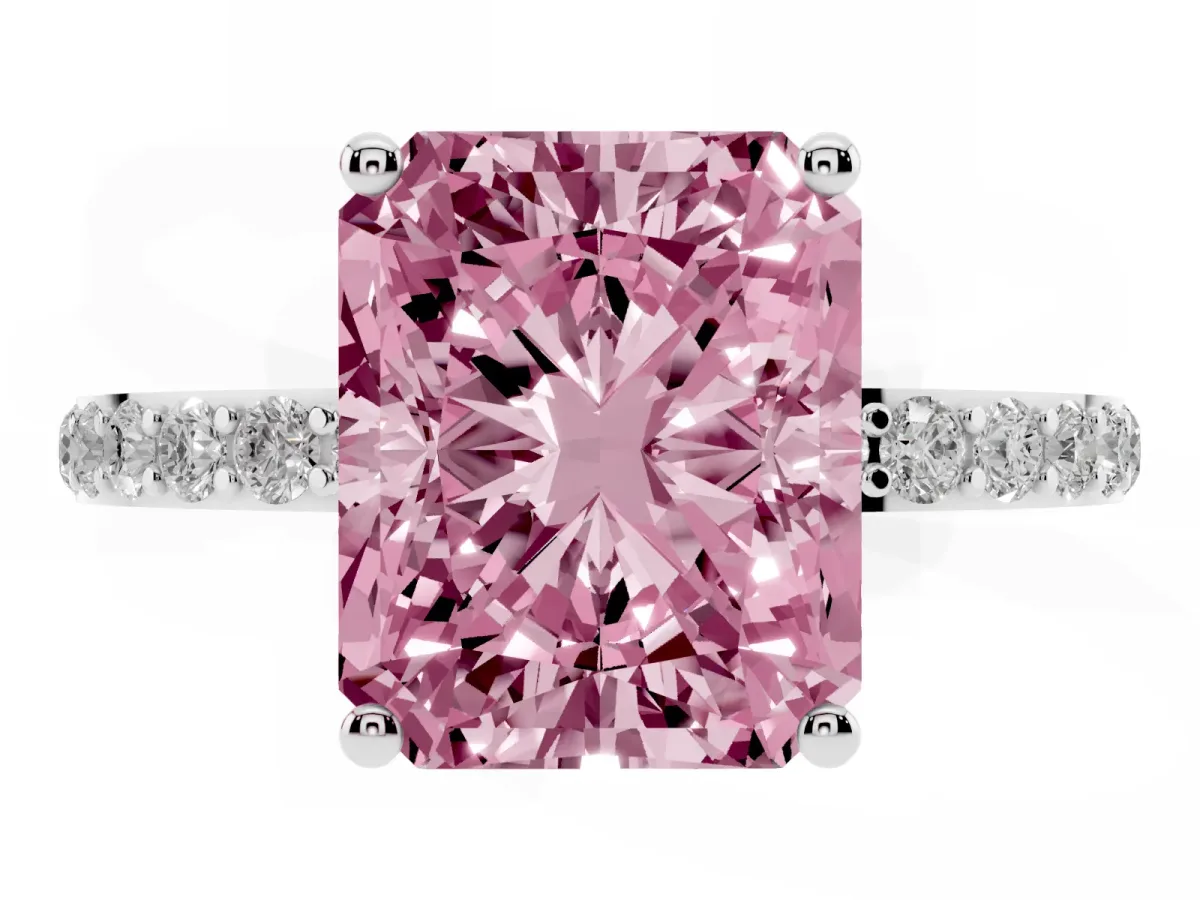 Fancy Pink Radiant Cut Diamond Solitaire Ring with Round Pavé Shoulders and Prong Setting Silver