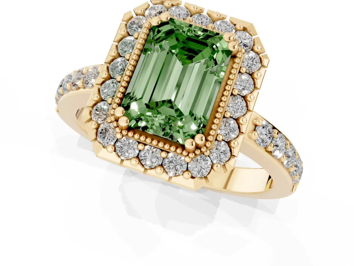 Fancy Green Emerald Cut Diamond Halo Ring with Pavé Band and Prong Setting Yellow gold
