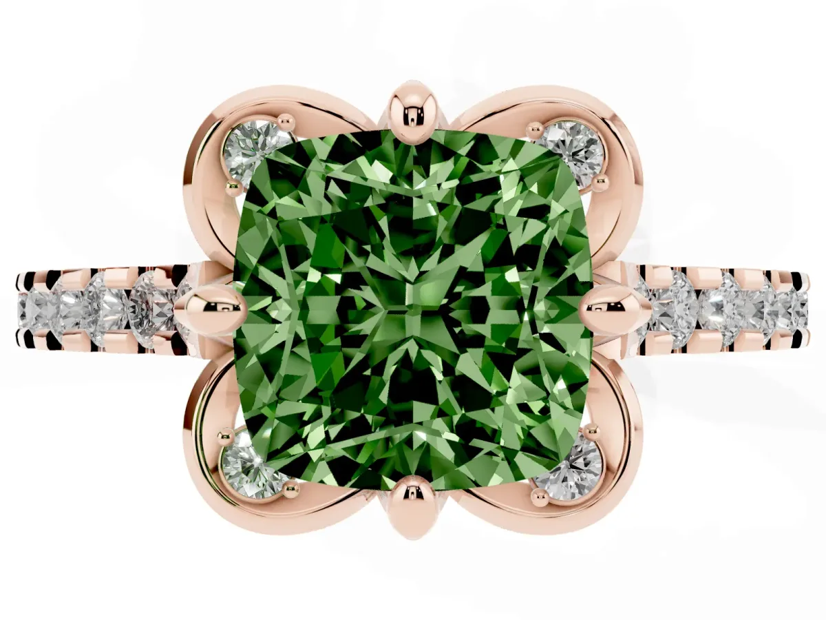 Fancy Green Cushion Cut Diamond Ring with Pavé Band and Floral Prong Setting Rose gold