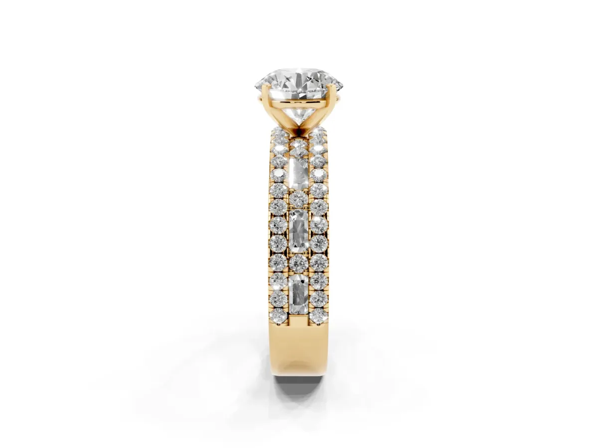 Round Cut Diamond Solitaire Ring with Pavé and Channel Set Band Yellow gold
