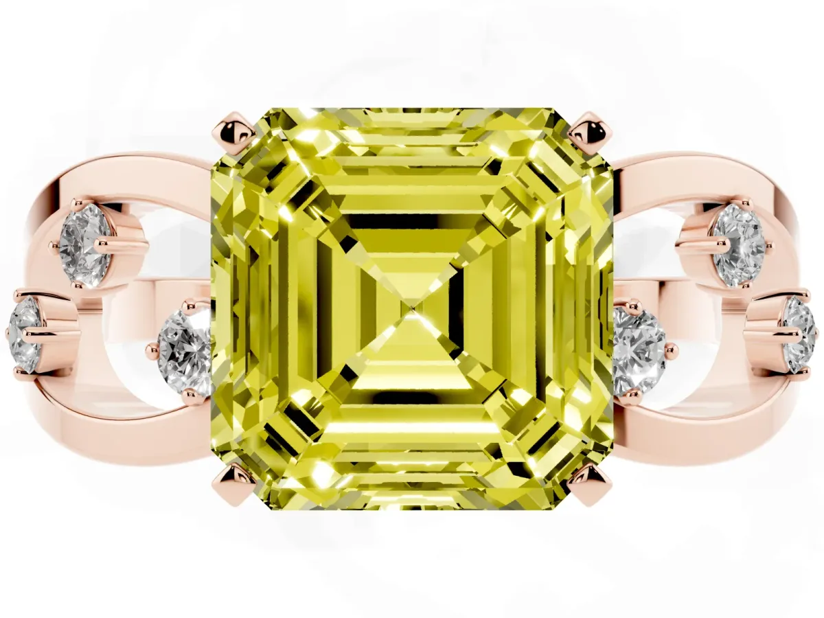Fancy Yellow Asscher Cut Cut Solitaire Diamond with Side Stones on Criss-Cross Band and Four-Prong Setting Rose gold