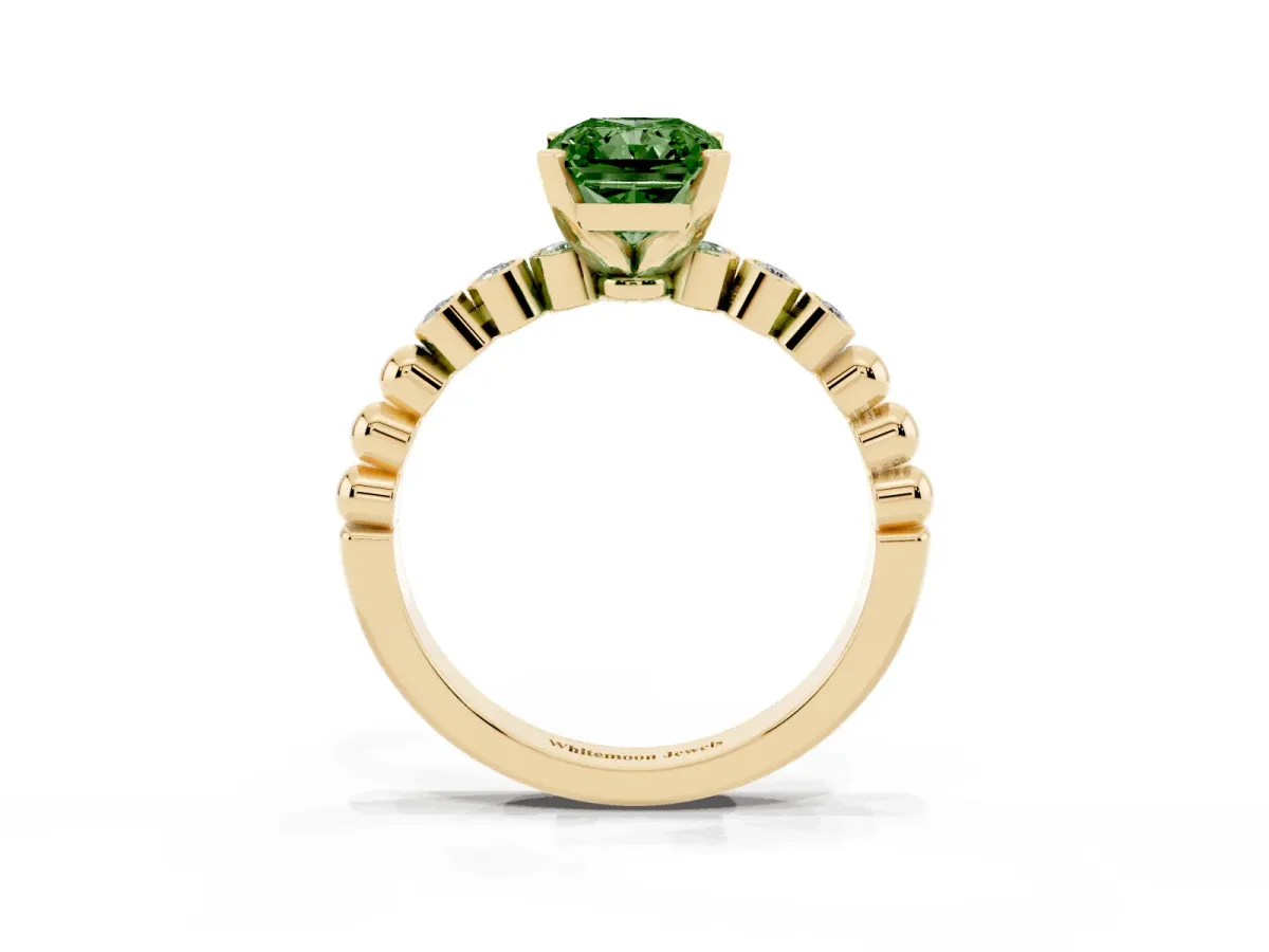 Fancy Green Radiant Cut Solitaire Bezel Accent Diamond Engagement Ring with Beaded Band and Four-Prong Setting Yellow gold