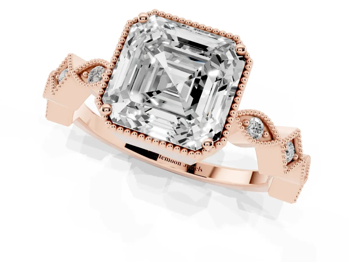 Asscher Cut Milgrain Marquise Diamond Twist Band Ring Rose gold