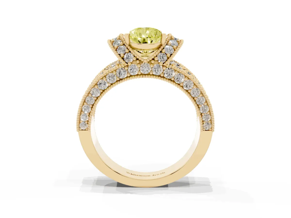 Fancy Yellow Pear Cut Halo Pave Diamond Engagement Ring with Milgrain Detailing Yellow gold