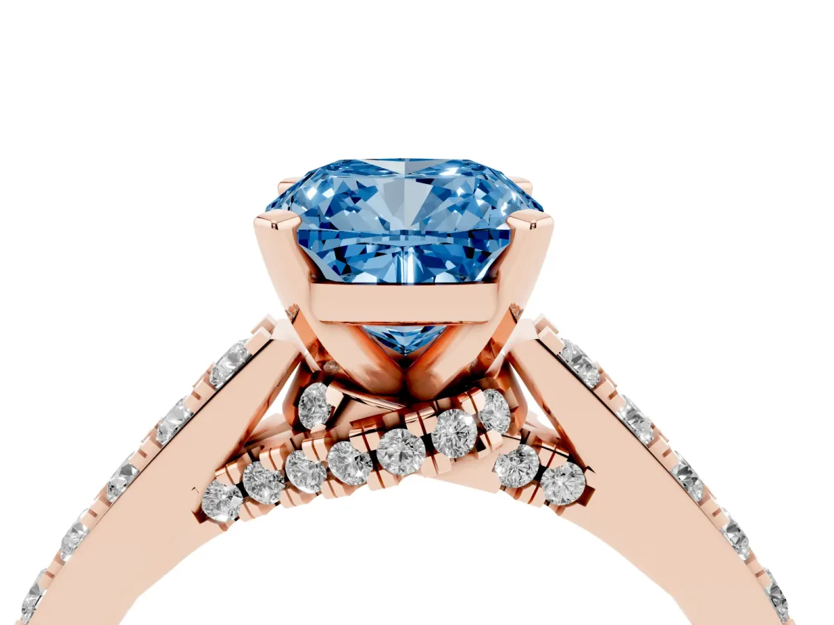 Fancy Blue Cushion Cut Diamond Solitaire Ring with Crossover Gallery and Round Pavé Band Rose gold