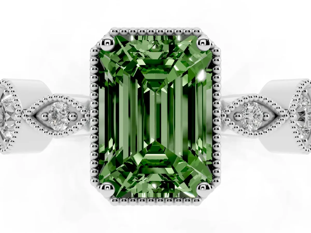 Fancy Green Emerald Cut Diamond Vintage Milgrain Ring with Round Stations Silver