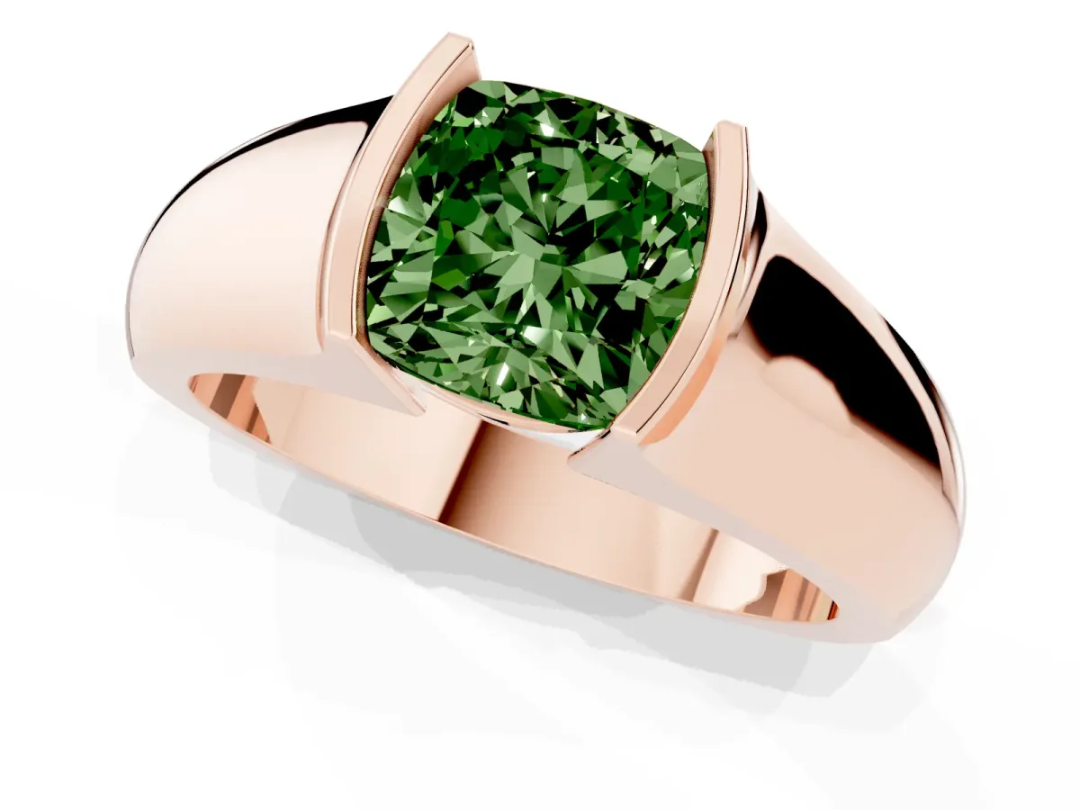 Fancy Green Cushion Cut Solitaire Bezel Set Diamond Ring with Wide Band Rose gold