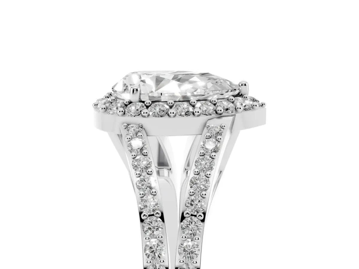 Pear Cut Halo Split Shank Pave Diamond Ring with Four-Prong Setting White gold