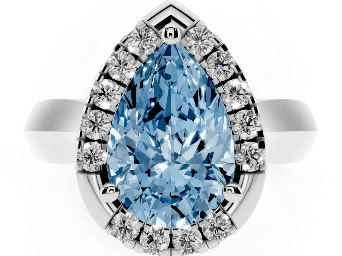 Fancy Blue Pear Cut Cut Halo Solitaire Engagement Ring with Square Band and Four-Prong Setting Platinum